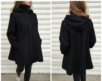 Black Cape Coat, Long Sleeve Hooded Peacoat with Pockets, Women Lined Coat