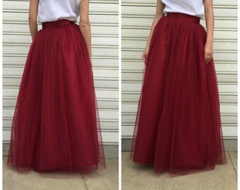 burgundy tulle maxi dress