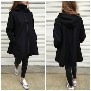 Black Wool Hooded Coat with Pockets / Women Lined Cape Coat / Oversize Black Jacket / Long Sleeve Loose Trench Coat - "Afterhour Power"