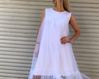 Tulle Extravagant Dress, White Loose Sleeveless Ruffle Dress,  - " Alibi"