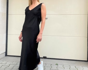 Black Midi Dress, Low Cut Back Dress, Sleeveless Elegant Dress