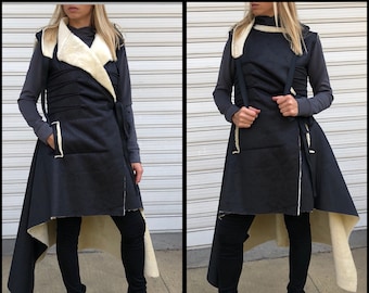 Black Faux Fur Coat with Pockets and Hood, Sleeveless Asymmetrical Extravagant Black Coat