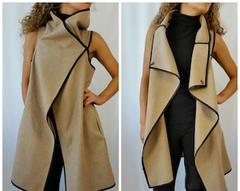 Wool Sleeveless Vest / High Collar Coat / Oversized Cape Coat with Pockets / Loose Black Edging Vest - "Checkpoint"