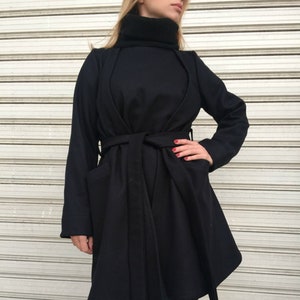 Black Women Cape Coat / Wool Poncho Coat with Pockets / Loose Turtleneck Poncho Coat / Long Sleeve Trench Coat / Wool Vest - "Let It Change"