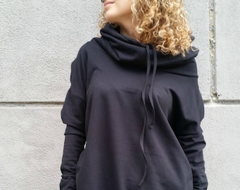 Schwarzes Oversize Sweatshirt, Langarm Tunika Top mit Taschen