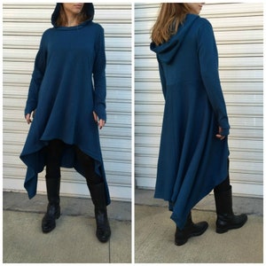 Oversize Hoodie Sweater / Long Sleeve Sweater Dress / Petrol Asymmetrical  Dress / Hooded Sweater Top - "Side Effects"