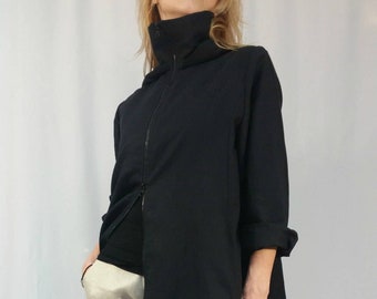 Linen Hooded Trench Coat, Black Spring High Collar Vest, Casual Linen Jacket