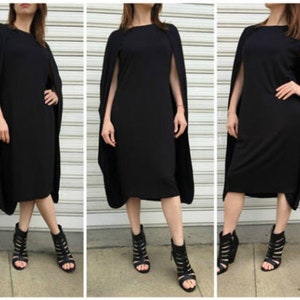 Black Cape Dress, Extravagant Dramatic Elegant Midi Dress, Sleeveless Cape Dress