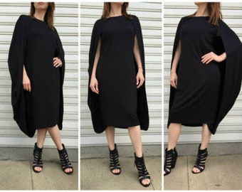 Black Cape Dress, Elegant Dramatic Dress, Avant Gard Dress, Formal Cape Dress, Midi Sleeveless Dress