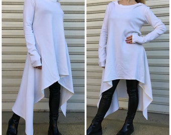 White Asymmetrical Sweater Dress / Oversized Hoodie Sweater /  Long Sleeves Loose Dress / Hooded Sweater Top - "Side Effects"