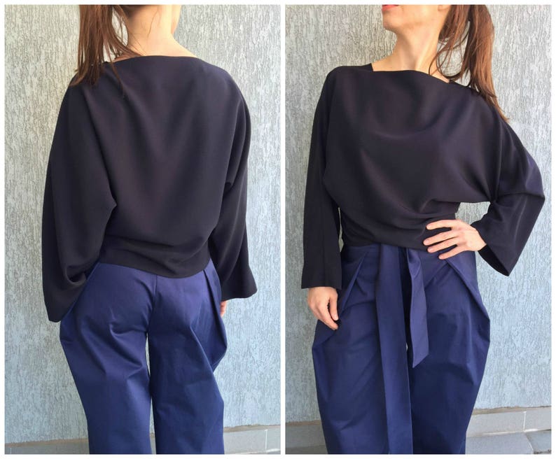 Oversize Women Top Navy Blue Elegant Blouse Dolman Sleeves Top Long Sleeve Shirt Casual Top