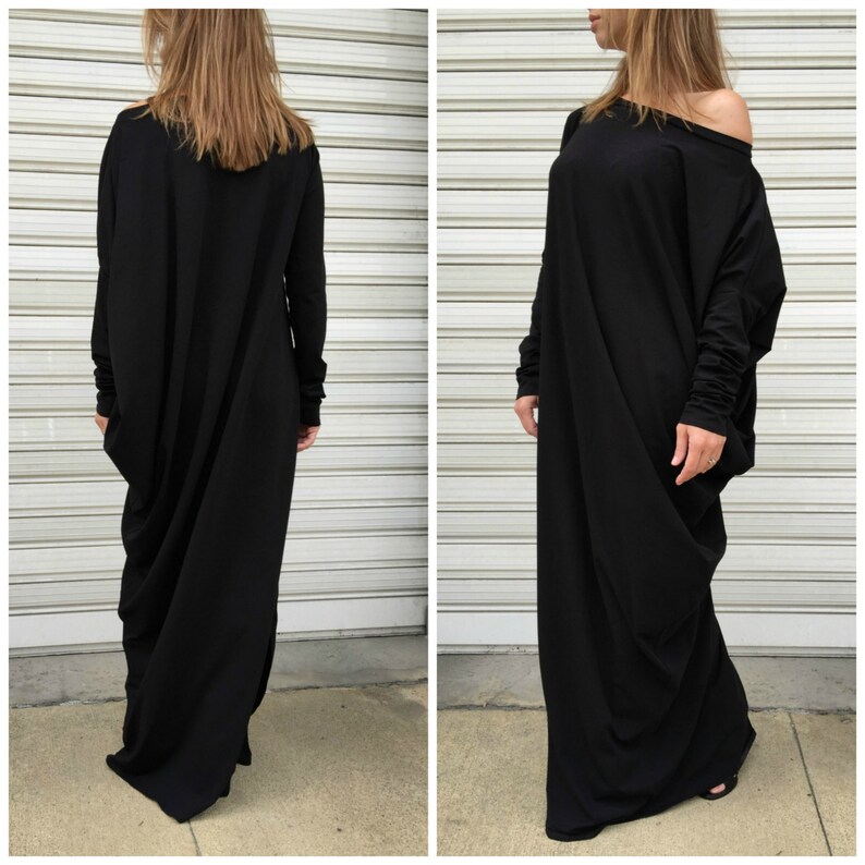 Black Maxi Dress Loose Kaftan Elegant Jersey Dress Long Sleeves Asymmetric Dress Nights in Prague EXPRESS SHIPPING