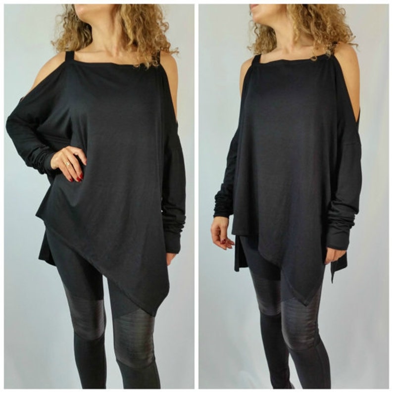 Black Asymmetrical Tunic Top / Loose Open Shoulders Blouse / | Etsy