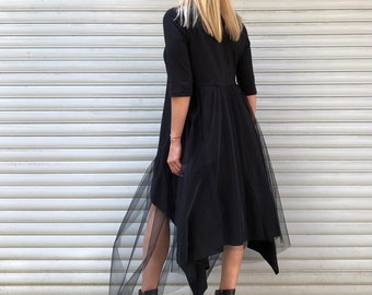 Robe tunique en tulle, robe d'été extravagante oversize, haut décontracté asymétrique noir