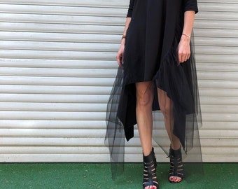 Oversize Women Extravagant Summer Dress, Black Asymmetrical Tulle Tunic Dress,  Avant-garde Casual Top