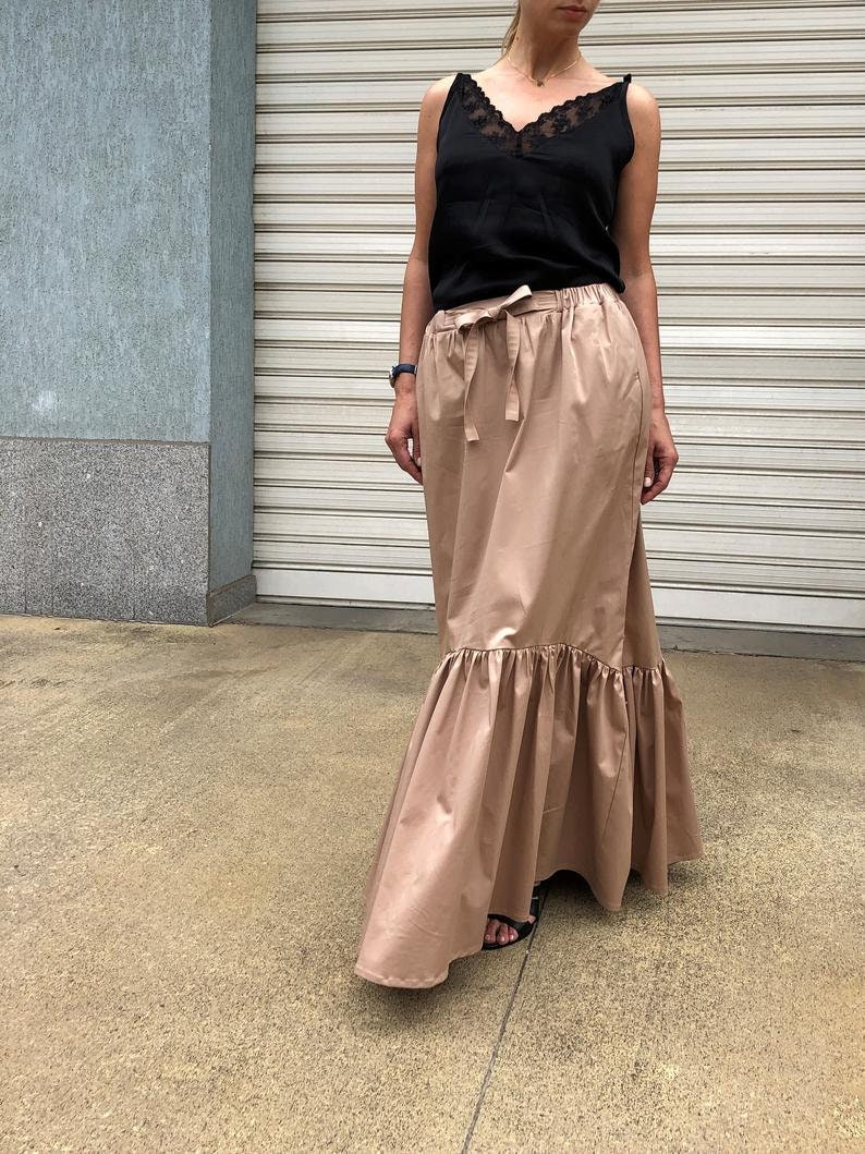 Women Long Elegant Skirt / Maxi Cotton Skirt / Oversize Summer Maxi Skirt with Pockets Ruffle Shuffle image 6