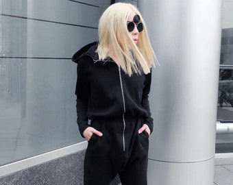 Black Casual Jumpsuit with Pockets / Women Drop Crotch Jumpsuit / Extravagant Winter Loose Wide Leg Romper / Union Suit with Hood -"Culture"