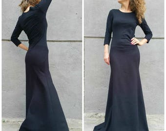Long Elegant Evening Dress, Black 3/4 Sleeves Maxi Dress, Sexy Women Party Dress - "Cult"