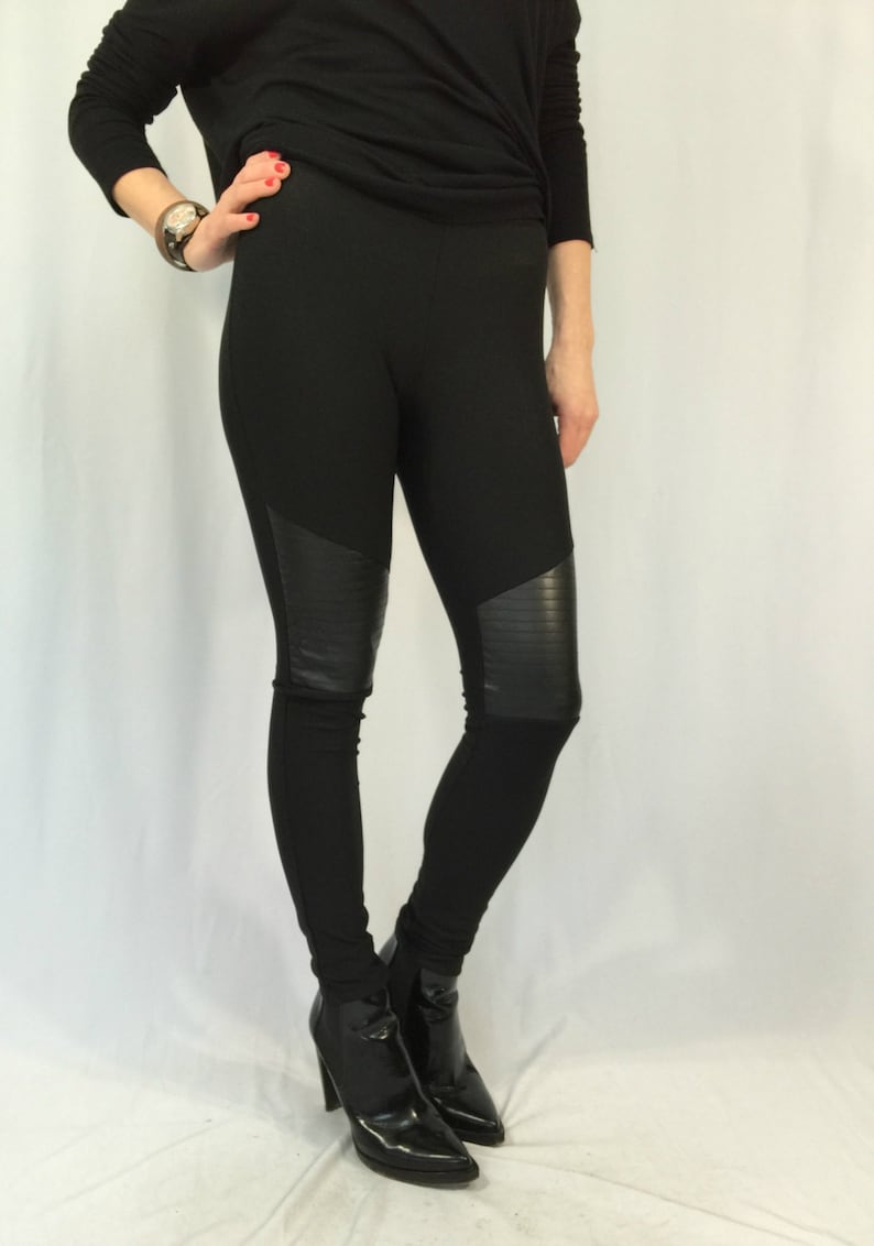 Women Black Leggings / Long Faux Leather Stretch Leggings / Etsy