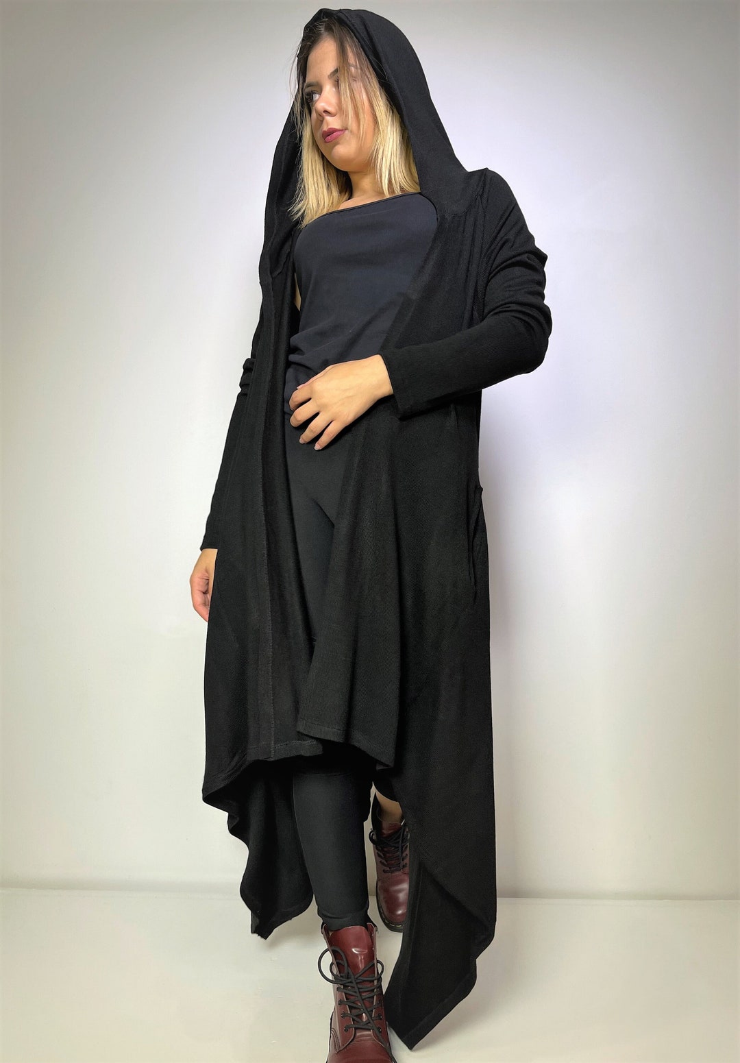 Asymmetrical Cloak With Hood Black Sweater Cardigan With - Etsy