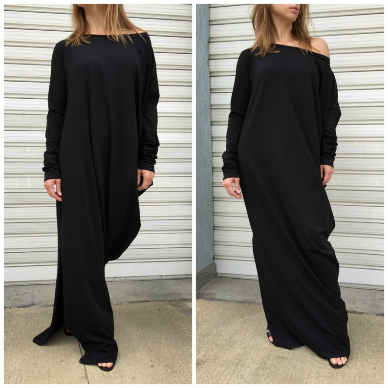 Black Maxi Dress Loose Kaftan Elegant Jersey Dress Long Sleeves Asymmetric Dress Nights in Prague EXPRESS SHIPPING