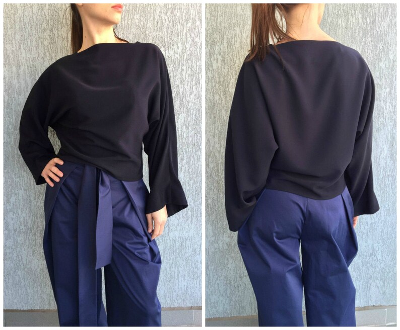 Oversize Women Top Navy Blue Elegant Blouse Dolman Sleeves Top Long Sleeve Shirt Casual Top