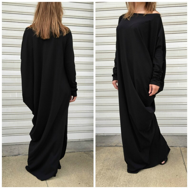 Black Maxi Dress Loose Kaftan Elegant Jersey Dress Long Sleeves Asymmetric Dress Nights in Prague EXPRESS SHIPPING