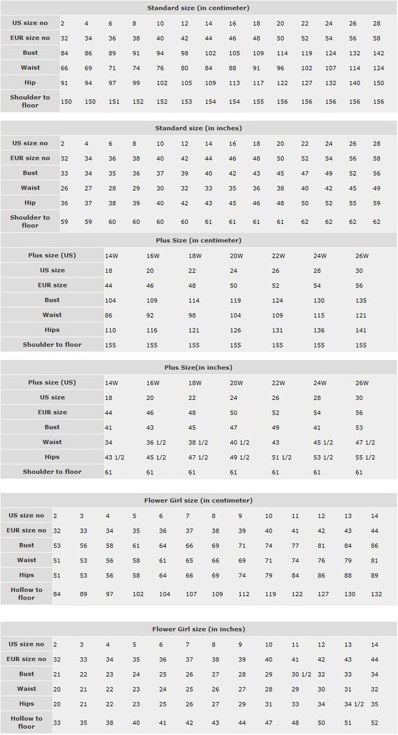 Etsy Size Chart