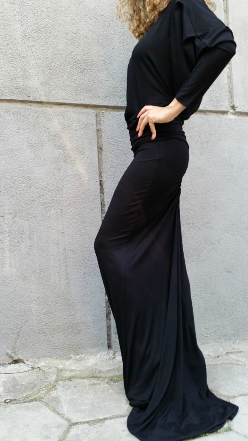 Black Women Maxi Dress / Loose Open Back Dress / Long Sleeve Extravagant Dress image 5