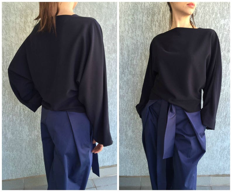 Oversize Women Top Navy Blue Elegant Blouse Dolman Sleeves Top Long Sleeve Shirt Casual Top