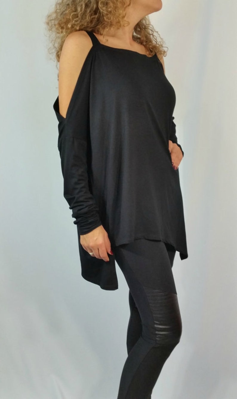 Black Asymmetrical Tunic Top / Loose Open Shoulders Blouse / | Etsy