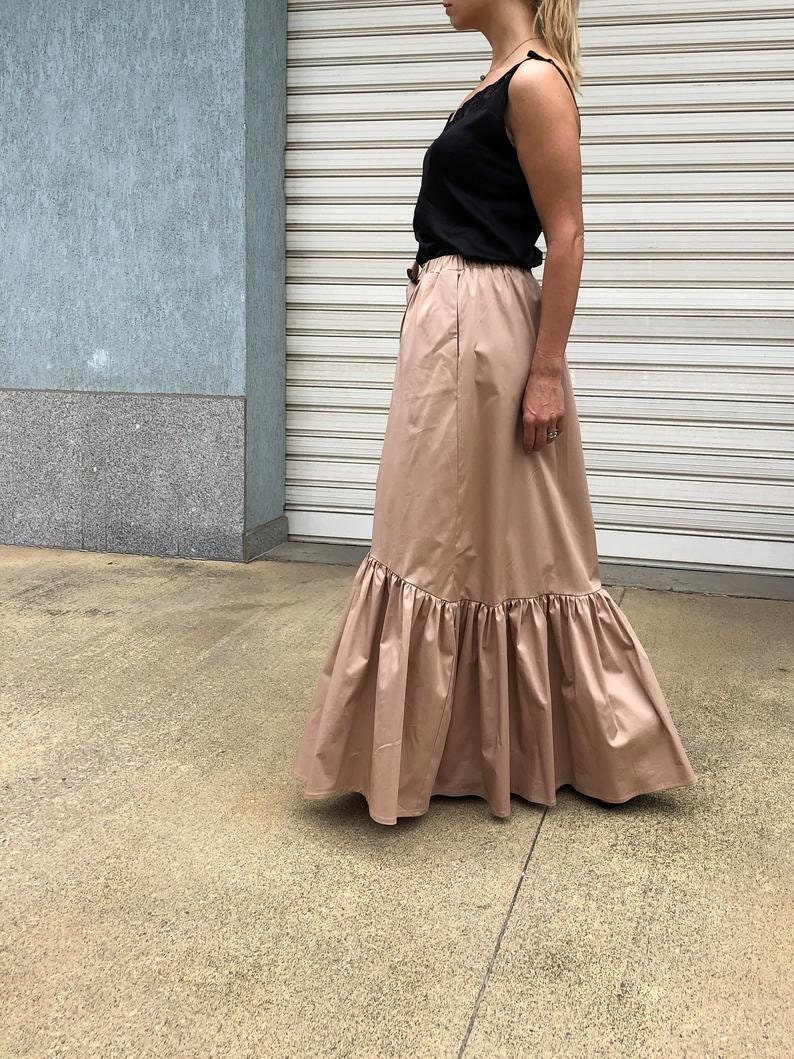 Women Long Elegant Skirt / Maxi Cotton Skirt / Oversize Summer Maxi Skirt with Pockets Ruffle Shuffle image 5