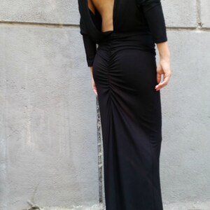 Black Women Maxi Dress / Loose Open Back Dress / Long Sleeve Extravagant Dress image 3