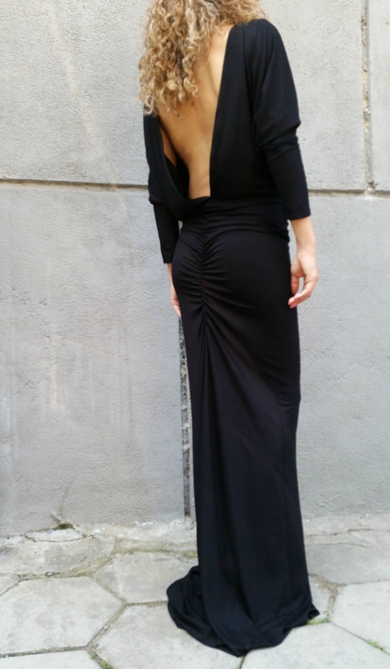 Black Women Maxi Dress / Loose Open Back Dress / Long Sleeve Extravagant Dress image 3