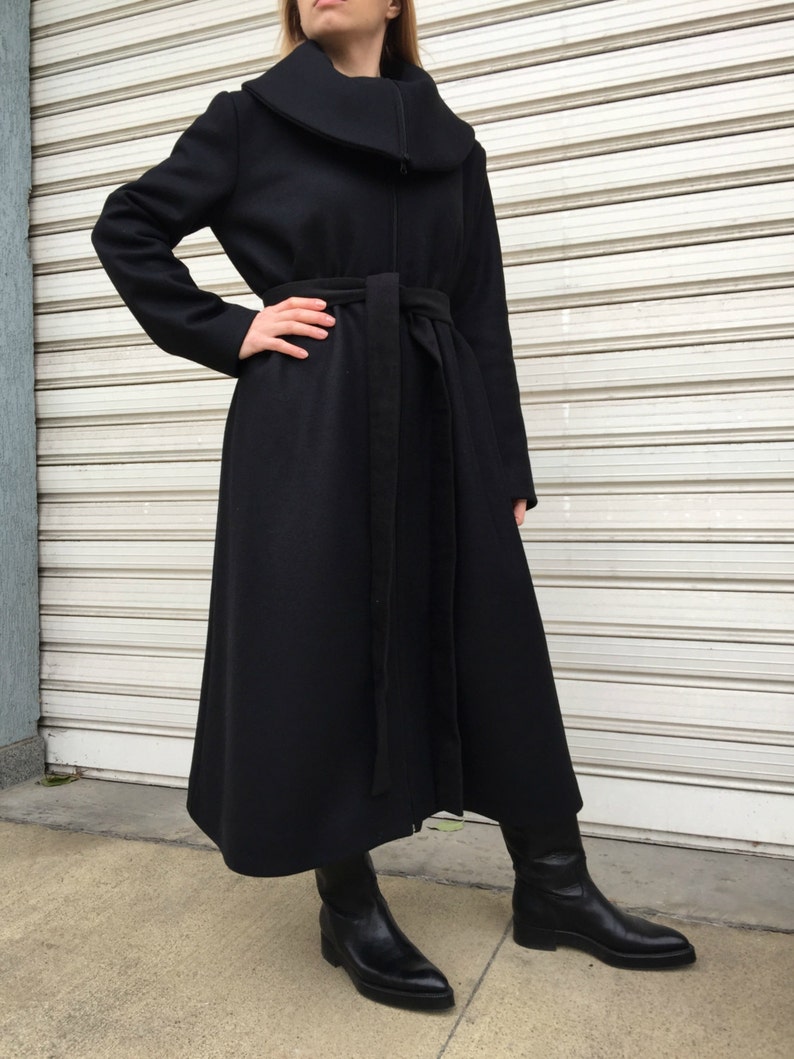 Black Maxi Wool Coat Oversize Cape Coat Unique Black High Collar Jacket Long Sleeved Lined Coat A Different Corner