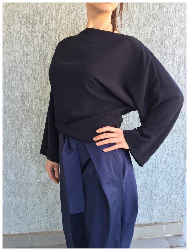 Oversize Women Top Navy Blue Elegant Blouse Dolman Sleeves Top Long Sleeve Shirt Casual Top