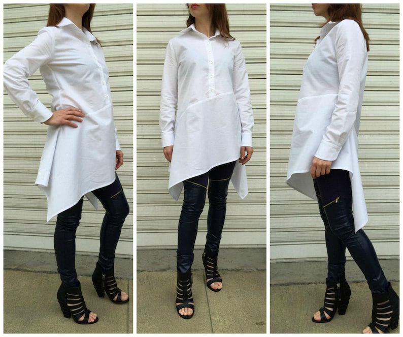 Asymmetrical White Shirt Dress Cotton Loose Dress Maxi White Blouse Oversize Shirt Top EXPRESS SHIPPING