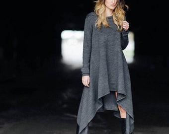 Asymmetrical Hoodie, Long Sleeve Sweater Dress, Hooded Sweater Top  - "Side Effects"