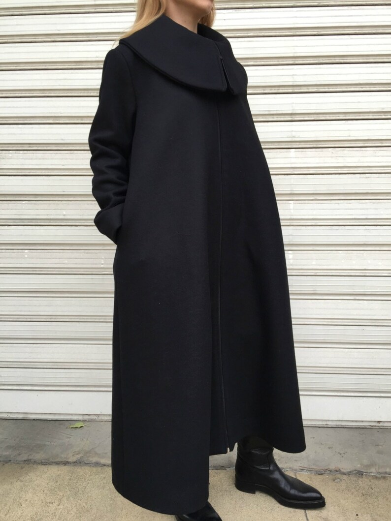 Black Maxi Wool Coat Oversize Cape Coat Unique Black High Collar Jacket Long Sleeved Lined Coat A Different Corner