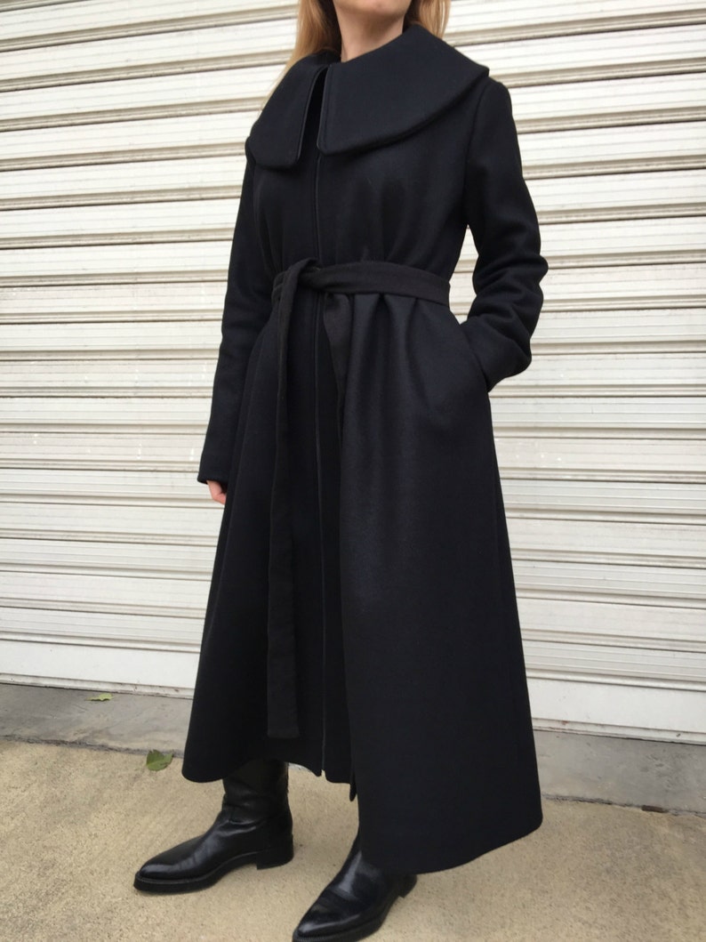 Black Maxi Wool Coat Oversize Cape Coat Unique Black High Collar Jacket Long Sleeved Lined Coat A Different Corner