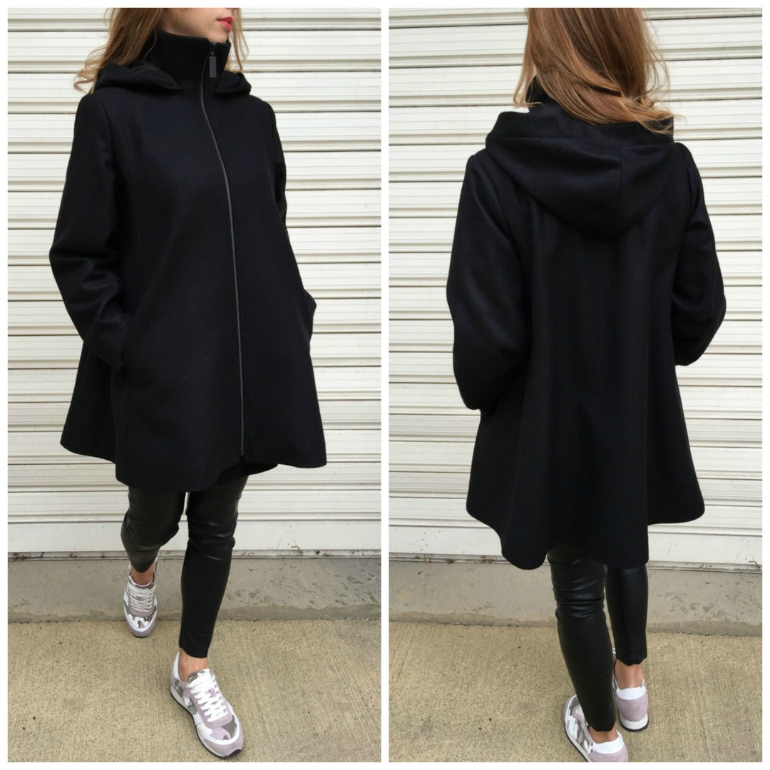 Black Wool Hooded Coat With Pockets / Women Lined Cape Coat / - Etsy