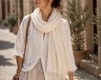 Boho Handloom Cotton Scarf in Beige, Handloom Organic Head&Neck Wrap, Natural Long Fringed Cold Washed Breathable %100 Handmade Scarf Gift