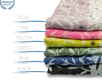 May include: A stack of patterned fabric in various colors: rose, pink, yellow, green, blue, and black. Each piece features a repeating floral design. The image also includes a "Premium Quality" emblem and color labels.