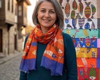 Orange Fish Pattern Cotton Blend Scarf, Pet Owner Gift