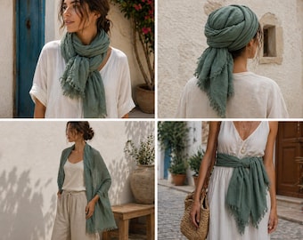May include: Sage green scarf and wrap in various styles. The scarf is draped around the neck, wrapped as a head covering, worn as a shawl, and tied around the waist. The scarf has a fringed edge and is paired with neutral-colored clothing.