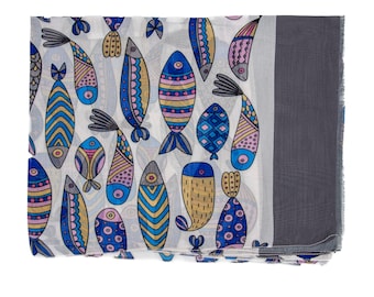 May include: A white scarf with a gray border features a colorful pattern of stylized fish. The fish are blue, pink, yellow, and gold with black outlines.
