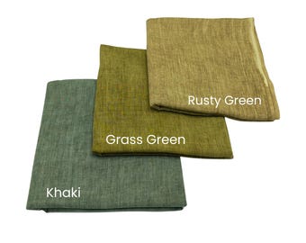 May include: Three folded fabric squares in shades of green: khaki, grass green, and rusty green. The fabric has a textured appearance. Text labels identify each color. The items are displayed against a white background.