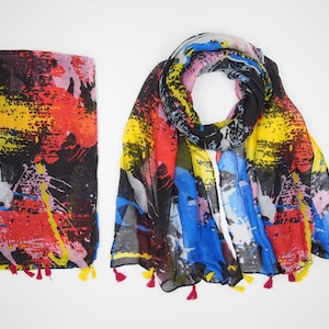 Nature Inspired Colorful Scarves with Tassels - Handmade Abstract Art Scarf - Vibrant and Stylish Wraps for All Seasons