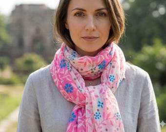 Pink Floral Cotton Scarf, Personalized Gift Pouch, Mother's Day Gift