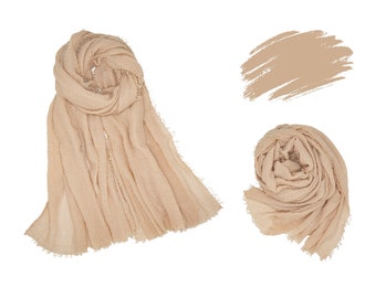 Natural Beige long soft and thin raw edged all season suitable cotton scarf , A must have casual outfit accessory for women and men